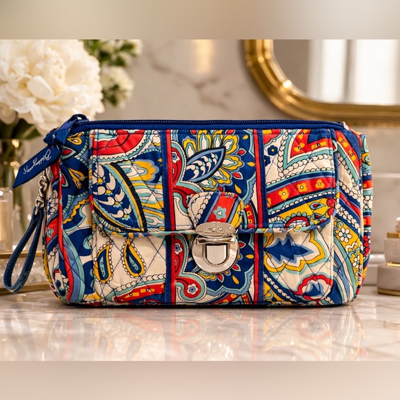 Vera Bradley Handbags - VERA BRADLEY Marina Paisley Push Lock Wristlet in White-Blue Multi Color, EUC